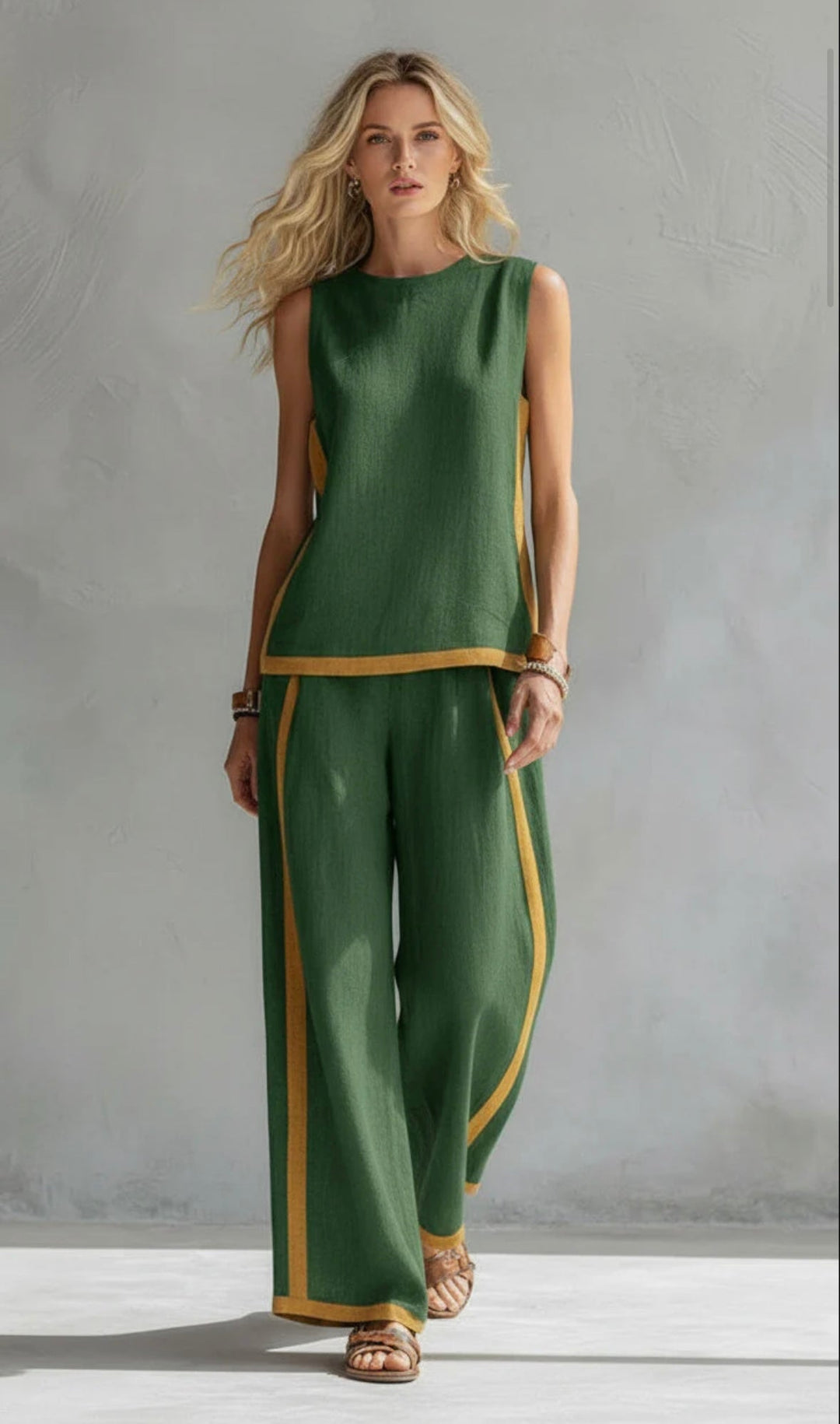 Contrast Trim Sleeveless Linen Top and Wide Leg Pant Two Piece Set