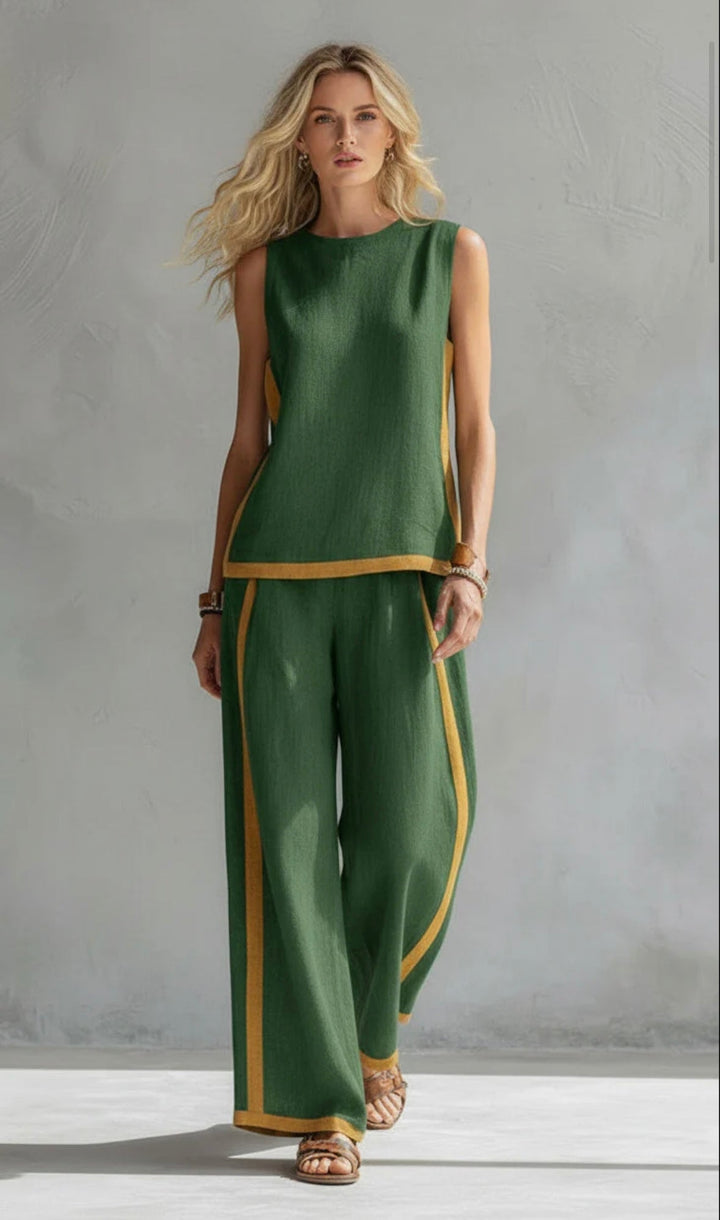 Contrast Trim Sleeveless Linen Top and Wide Leg Pant Two Piece Set