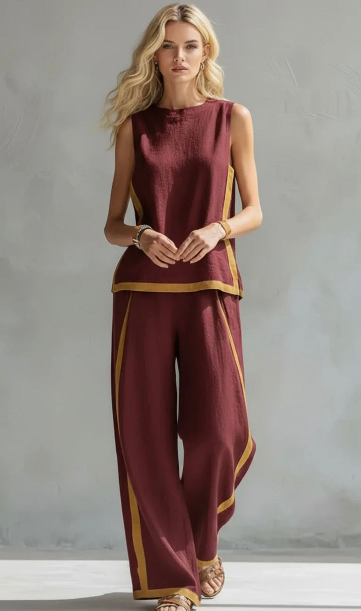 Contrast Trim Sleeveless Linen Top and Wide Leg Pant Two Piece Set