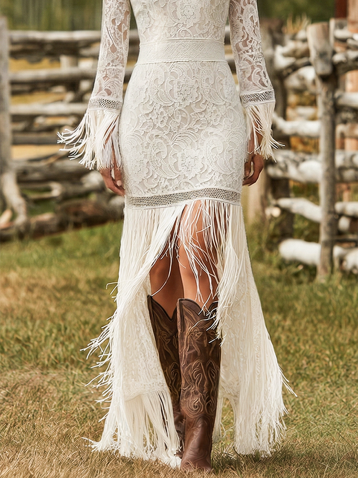 Floral Lace V-Neck Fringe Hem Long Sleeve Maxi Dress - Formal Evening Gown
