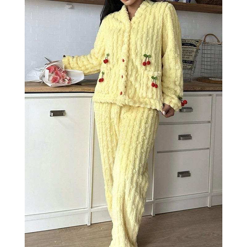 Winnifred | Women's Fuzzy Cherry Print Two-Piece Pajama Set