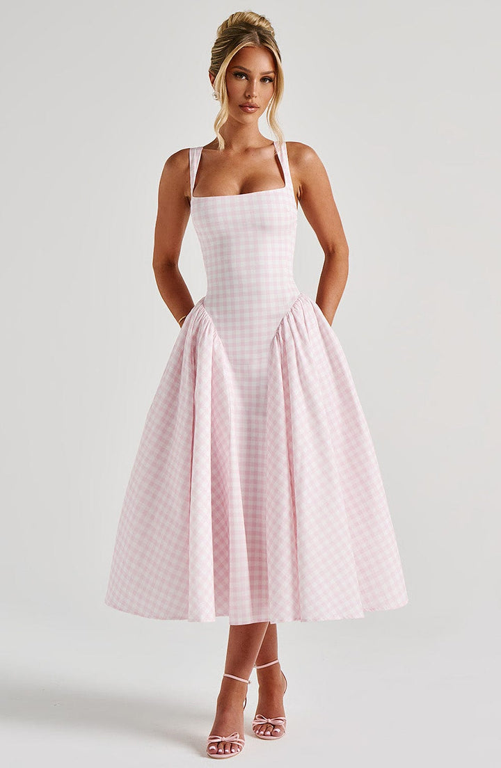 Gingham Square Neck Fit Flare Midi Dress - Party Occasion
