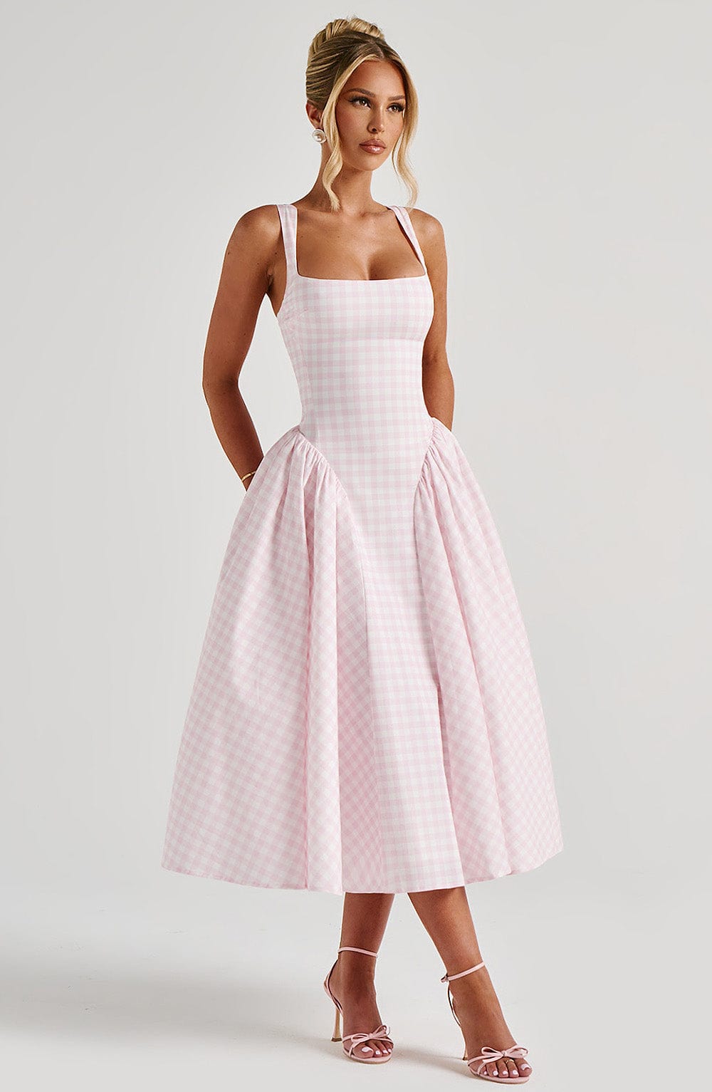 Gingham Square Neck Fit Flare Midi Dress - Party Occasion