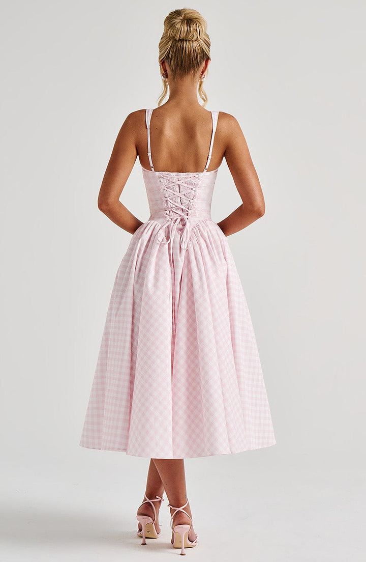 Gingham Square Neck Fit Flare Midi Dress - Party Occasion