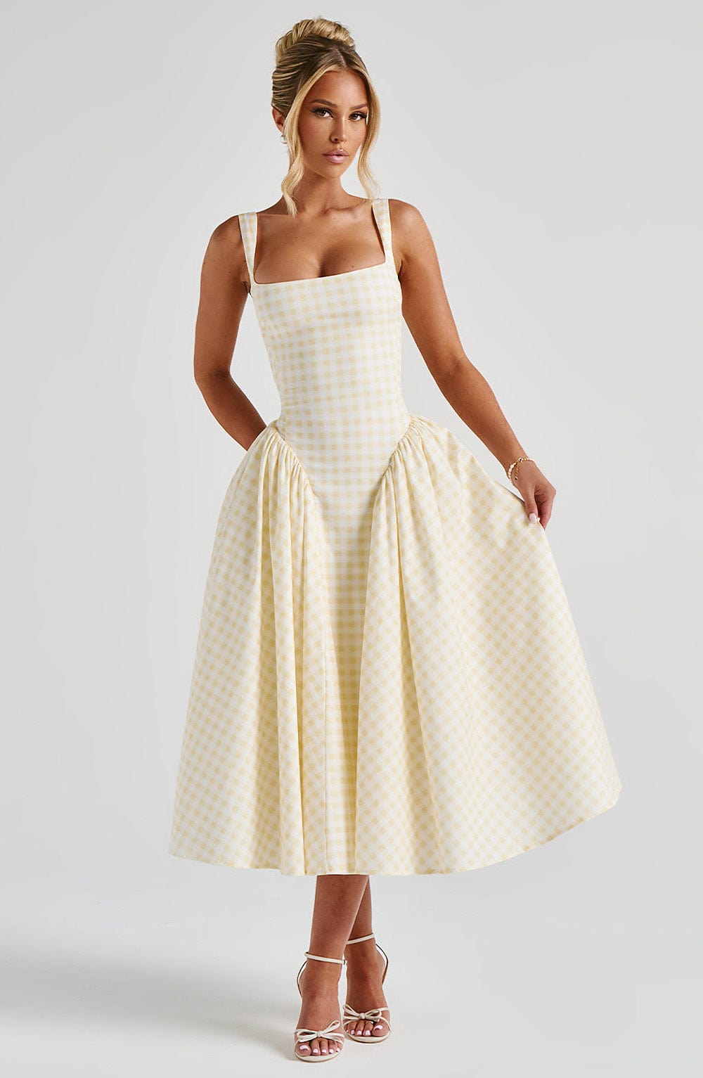Gingham Square Neck Fit Flare Midi Dress - Party Occasion