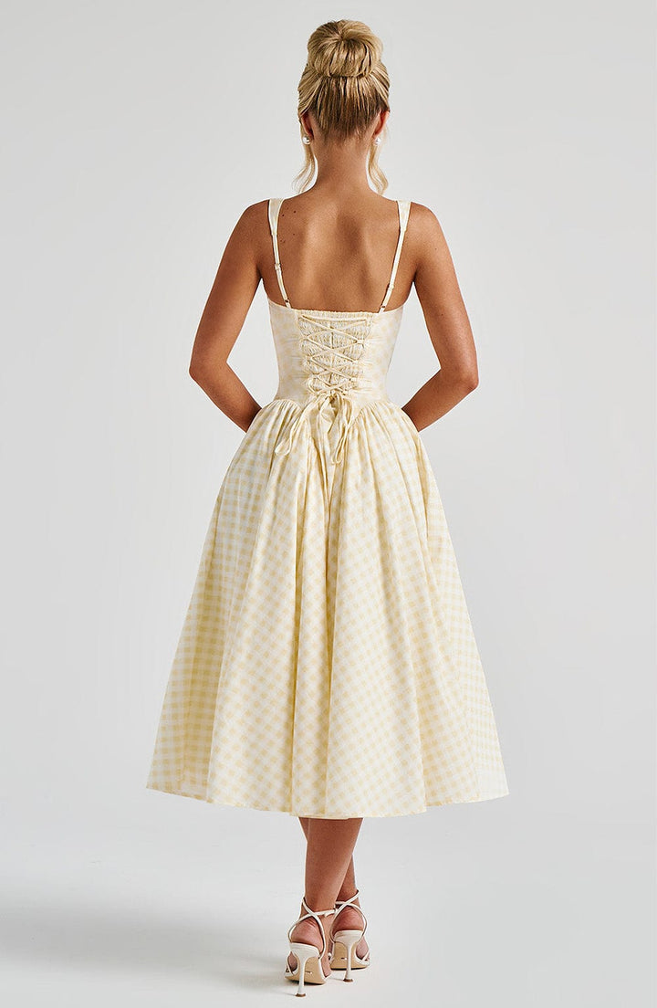 Gingham Square Neck Fit Flare Midi Dress - Party Occasion