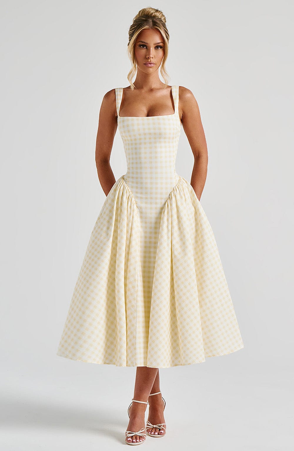 Gingham Square Neck Fit Flare Midi Dress - Party Occasion