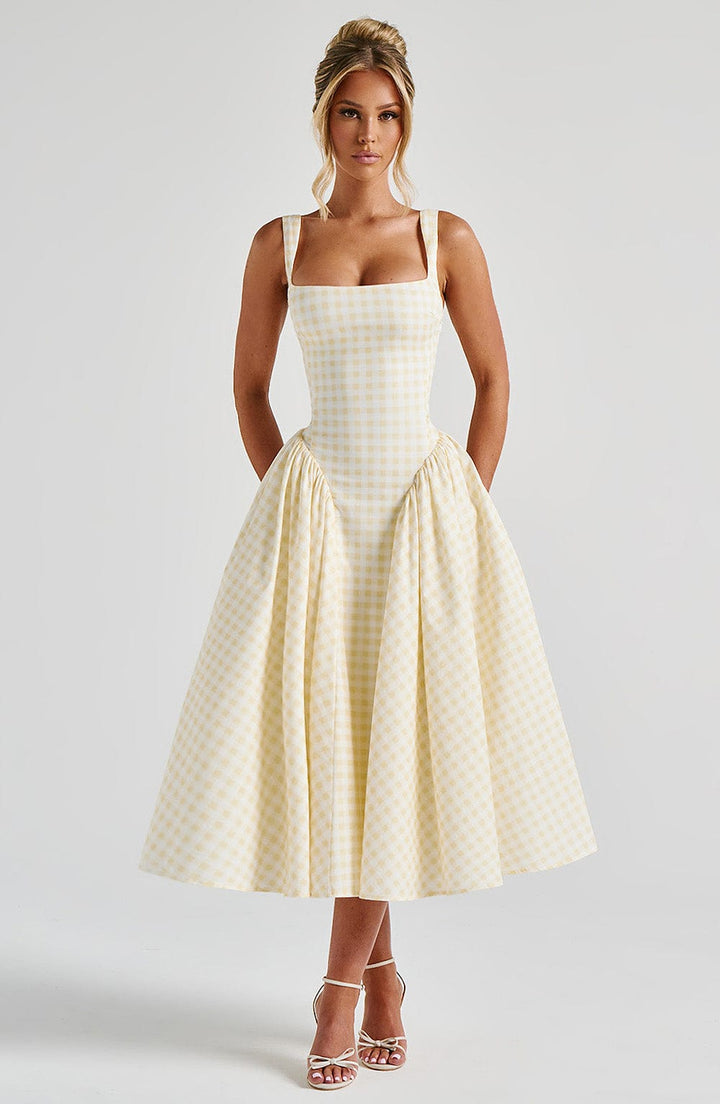 Gingham Square Neck Fit Flare Midi Dress - Party Occasion