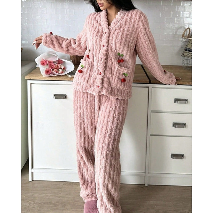 Winnifred | Women's Fuzzy Cherry Print Two-Piece Pajama Set