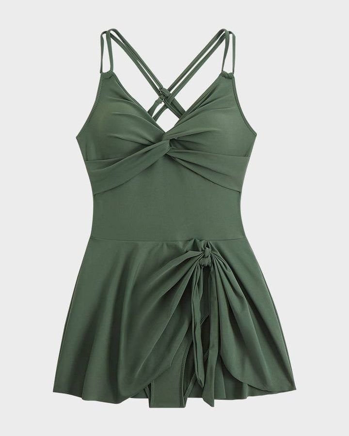 Twist Front Knot Hem Skirted One Piece Swimsuit