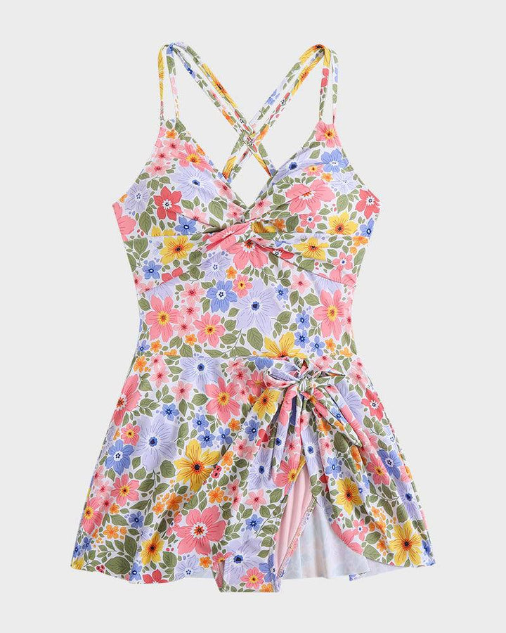 Twist Front Knot Hem Skirted One Piece Swimsuit