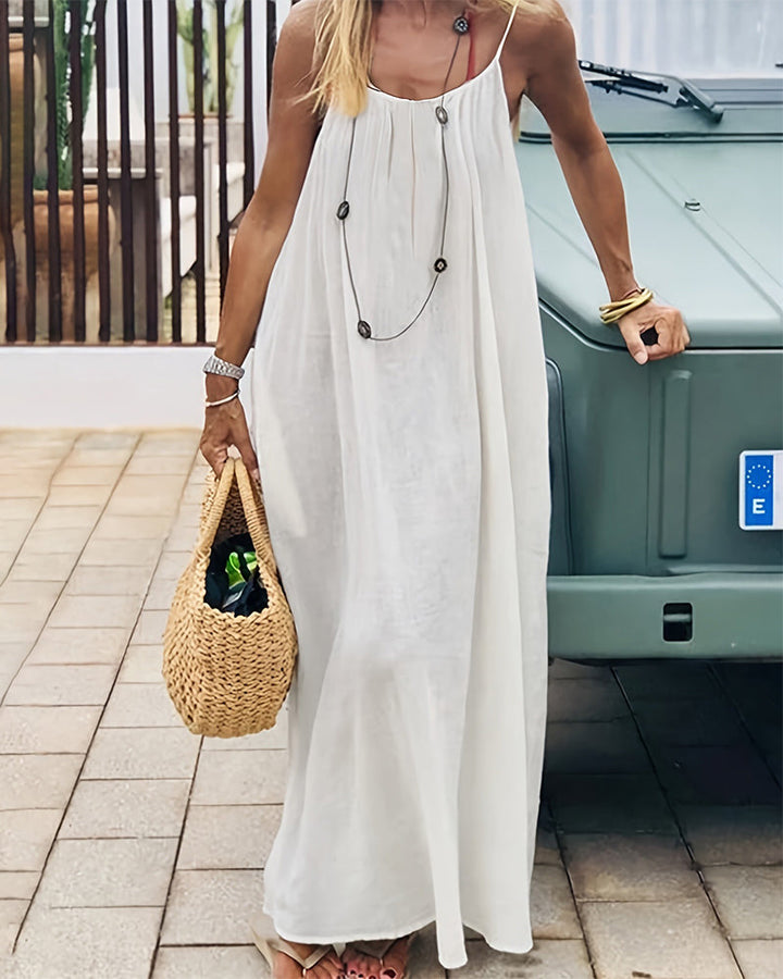 Spaghetti Strap Gathered Scoop Neck Flowy Linen Maxi Dress
