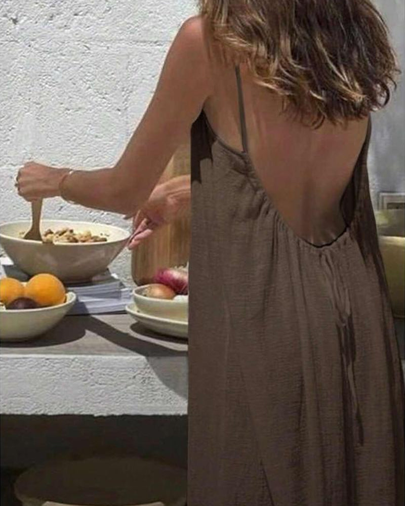 Spaghetti Strap Gathered Scoop Neck Flowy Linen Maxi Dress