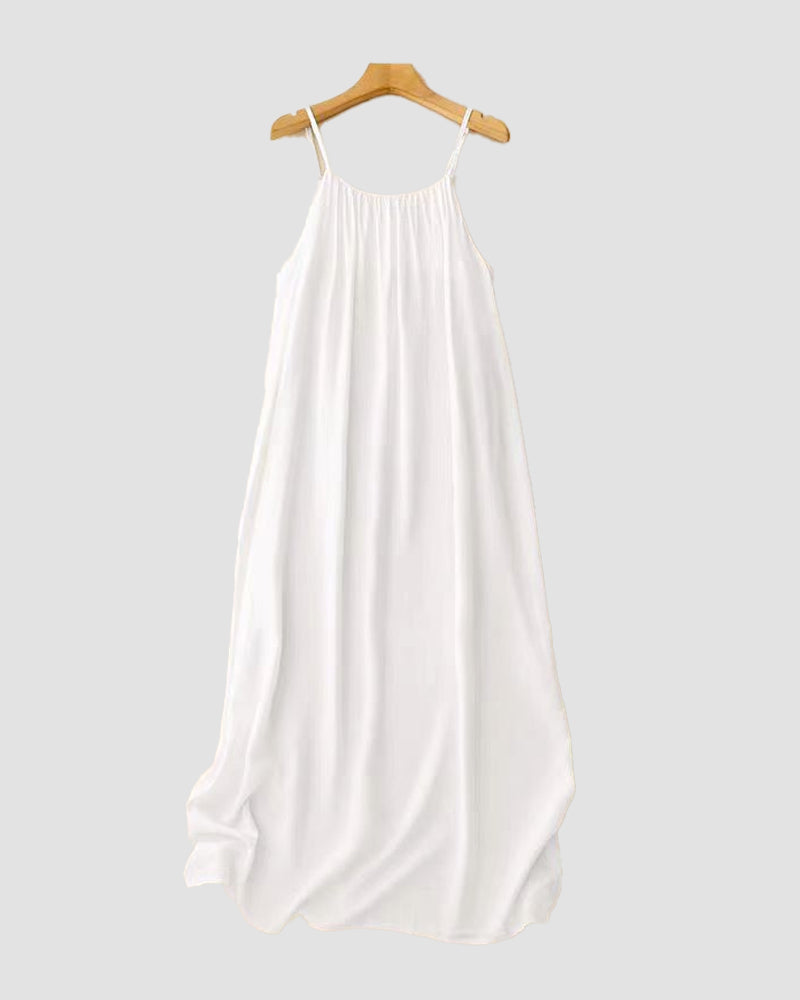 Spaghetti Strap Gathered Scoop Neck Flowy Linen Maxi Dress