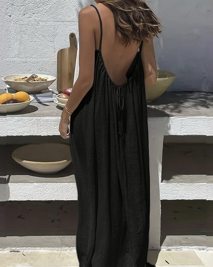 Spaghetti Strap Gathered Scoop Neck Flowy Linen Maxi Dress