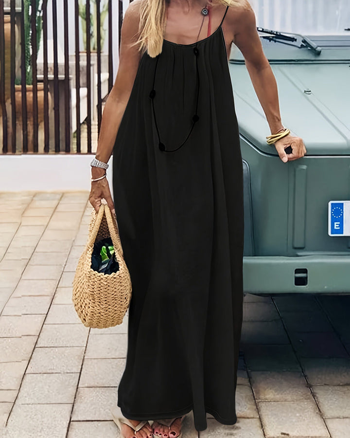 Spaghetti Strap Gathered Scoop Neck Flowy Linen Maxi Dress
