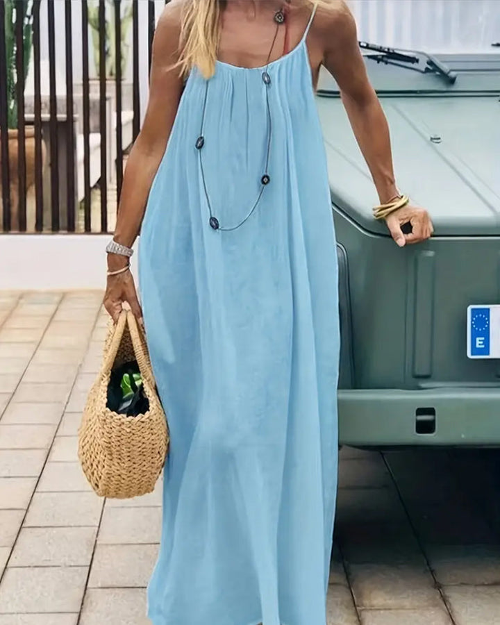 Spaghetti Strap Gathered Scoop Neck Flowy Linen Maxi Dress