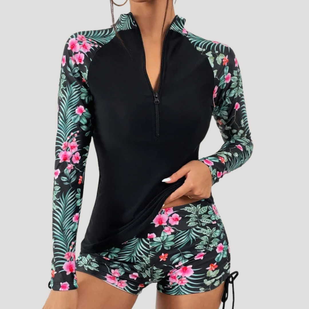Floral Tropical Print Half Zip Long Sleeve Rash Guard Swimsuit Set