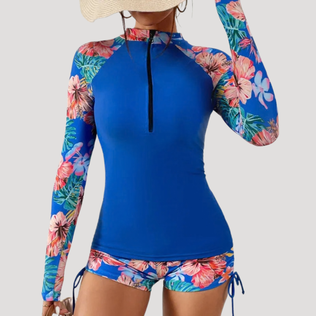 Floral Tropical Print Half Zip Long Sleeve Rash Guard Swimsuit Set