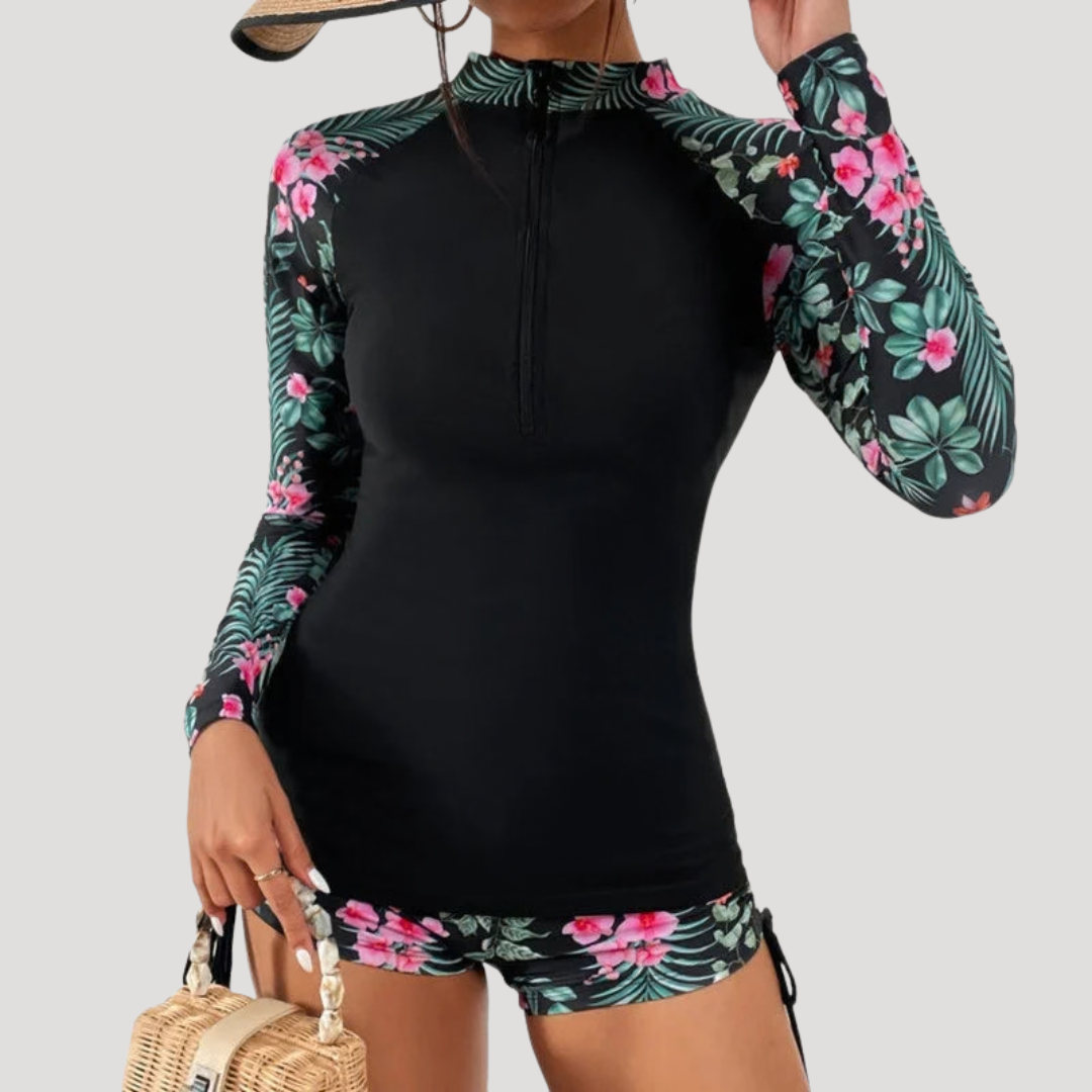 Floral Tropical Print Half Zip Long Sleeve Rash Guard Swimsuit Set