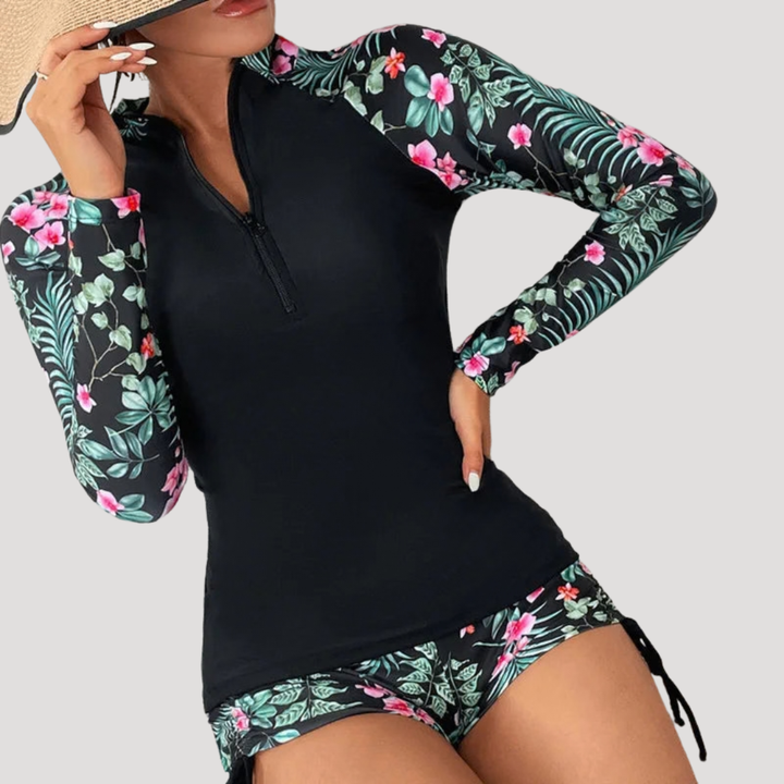 Floral Tropical Print Half Zip Long Sleeve Rash Guard Swimsuit Set