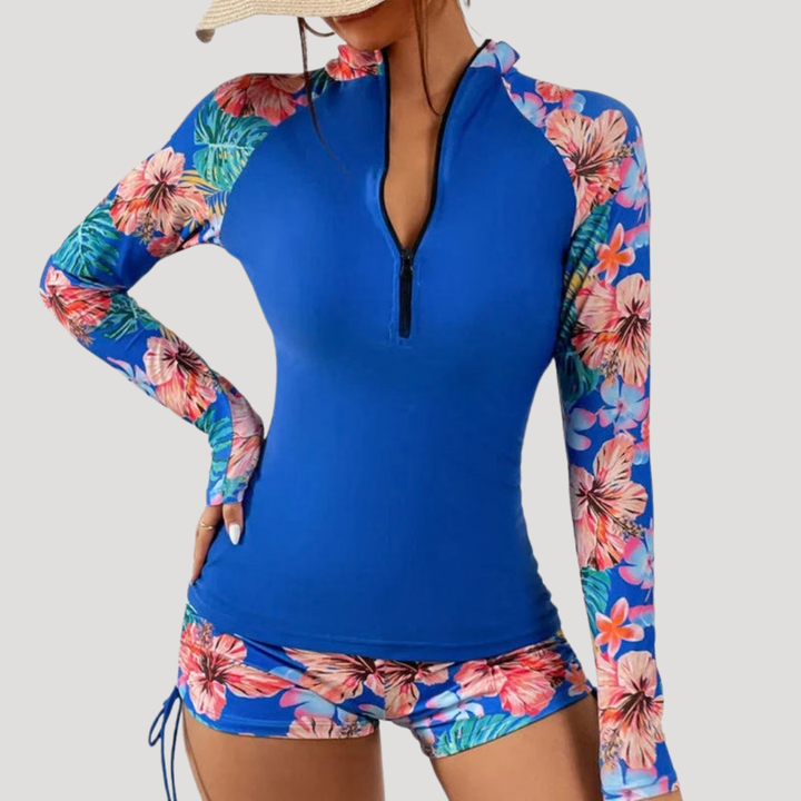Floral Tropical Print Half Zip Long Sleeve Rash Guard Swimsuit Set