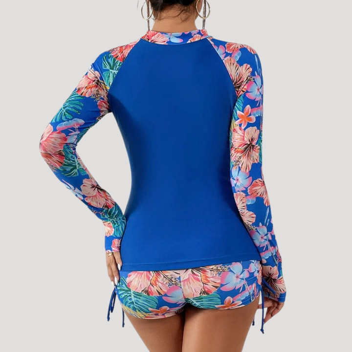 Floral Tropical Print Half Zip Long Sleeve Rash Guard Swimsuit Set