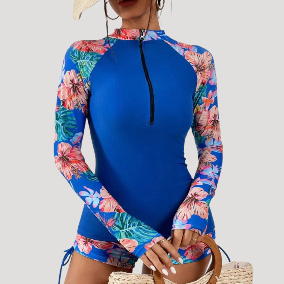 Floral Tropical Print Half Zip Long Sleeve Rash Guard Swimsuit Set