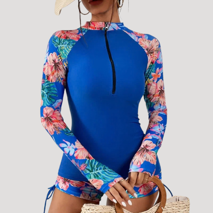 Floral Tropical Print Half Zip Long Sleeve Rash Guard Swimsuit Set