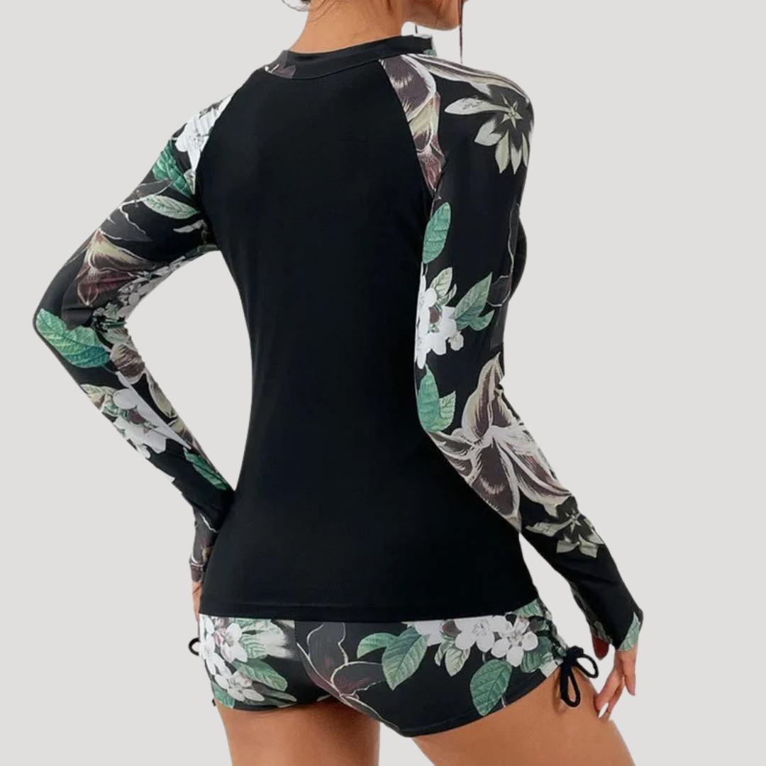 Floral Tropical Print Half Zip Long Sleeve Rash Guard Swimsuit Set
