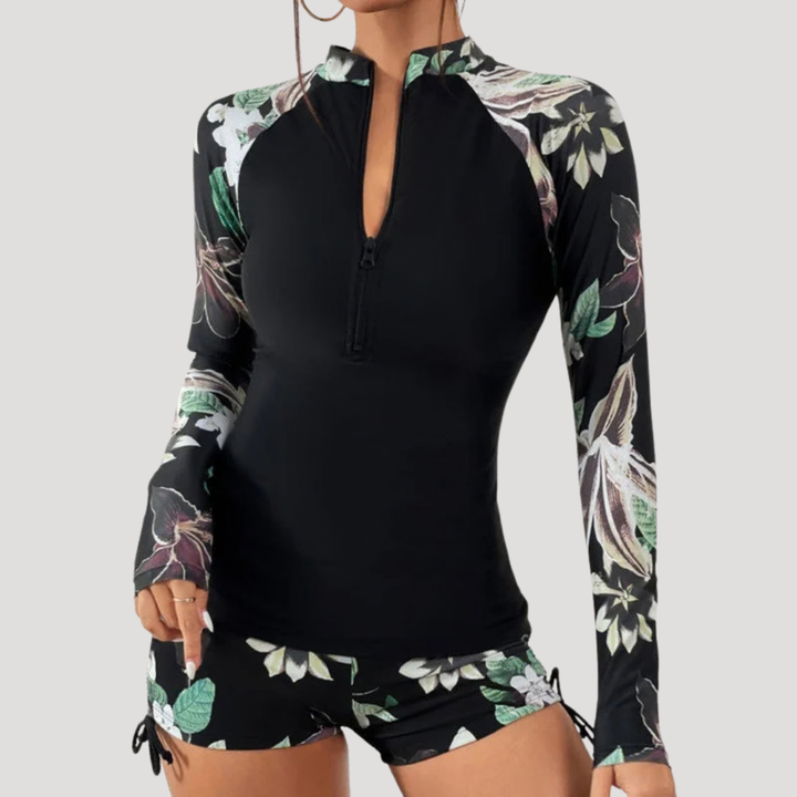 Floral Tropical Print Half Zip Long Sleeve Rash Guard Swimsuit Set