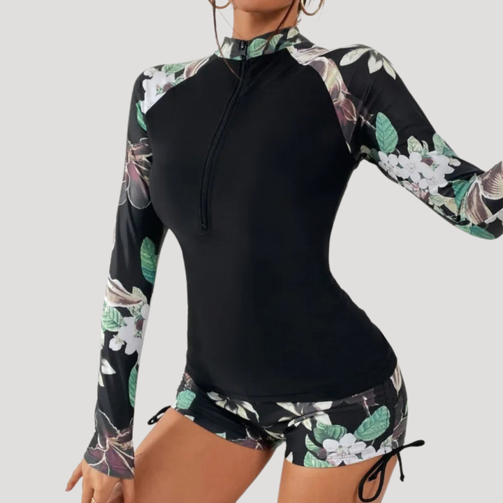 Floral Tropical Print Half Zip Long Sleeve Rash Guard Swimsuit Set