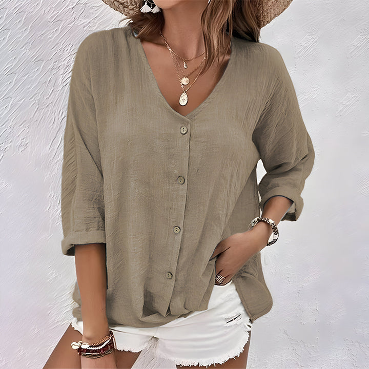 Cotton Linen Button Down V Neck Roll Sleeve Casual Blouse