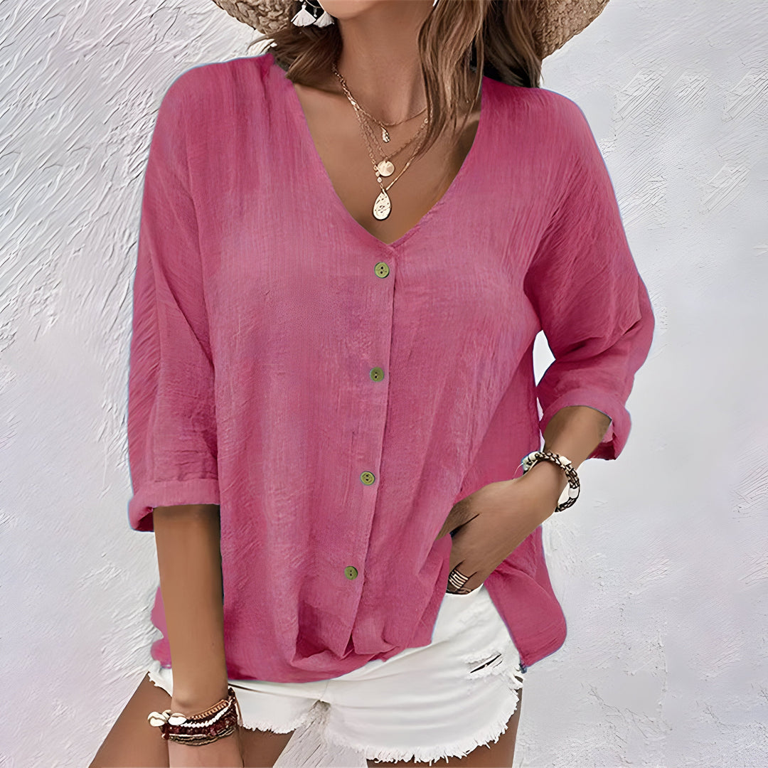 Cotton Linen Button Down V Neck Roll Sleeve Casual Blouse