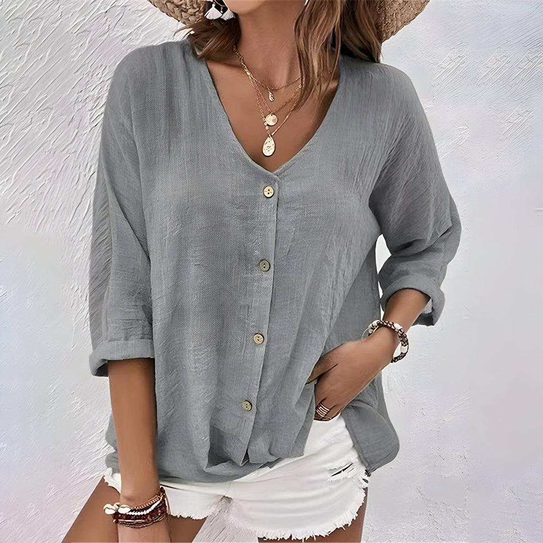 Cotton Linen Button Down V Neck Roll Sleeve Casual Blouse