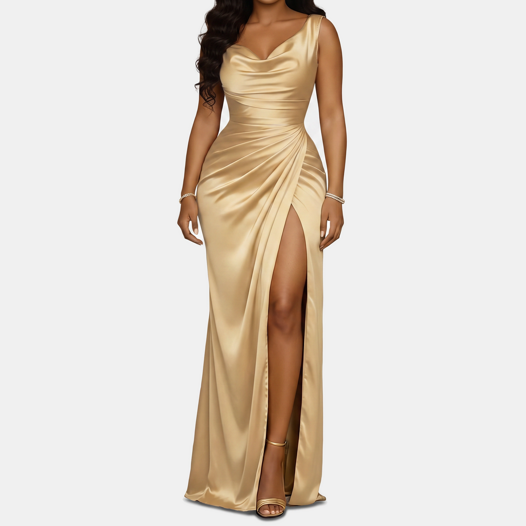 Valentina | Women's Cowl Neck Mermaid Satin High-Slit Homecoming Dress