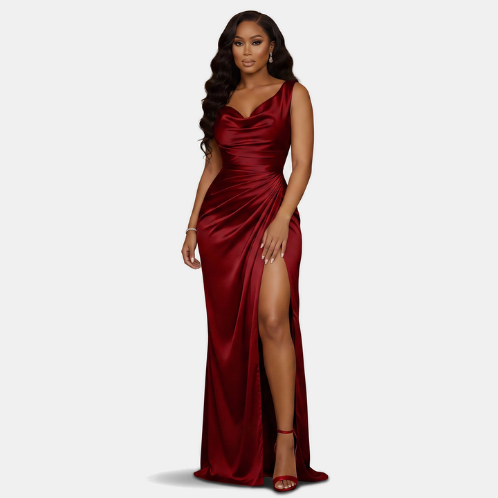 Valentina | Women's Cowl Neck Mermaid Satin High-Slit Homecoming Dress