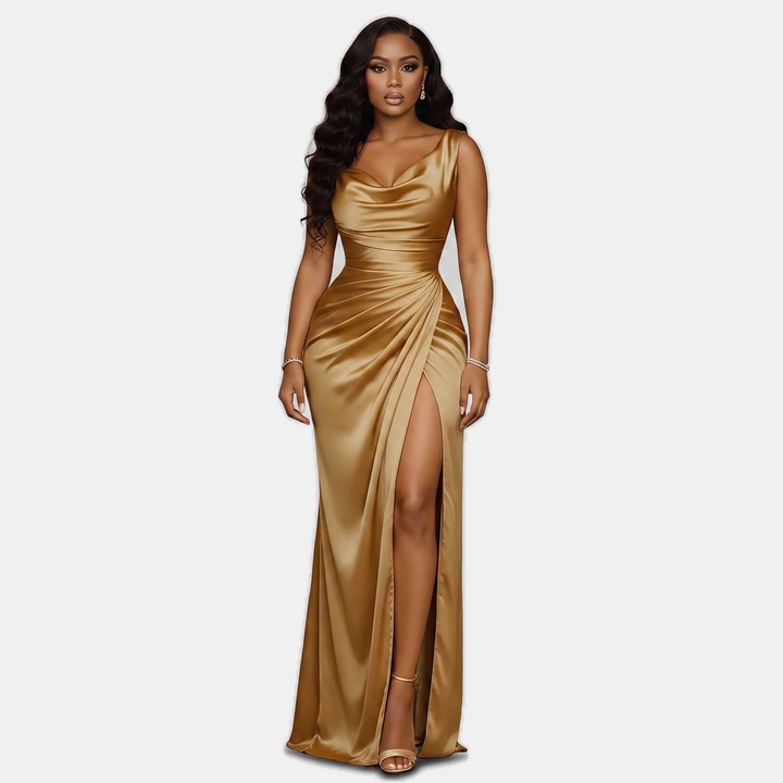 Valentina | Women's Cowl Neck Mermaid Satin High-Slit Homecoming Dress