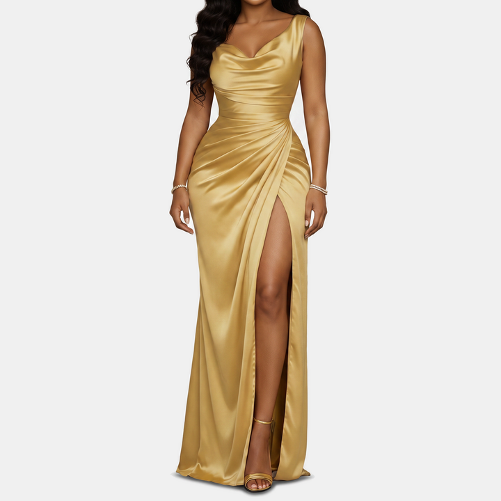 Valentina | Women's Cowl Neck Mermaid Satin High-Slit Homecoming Dress