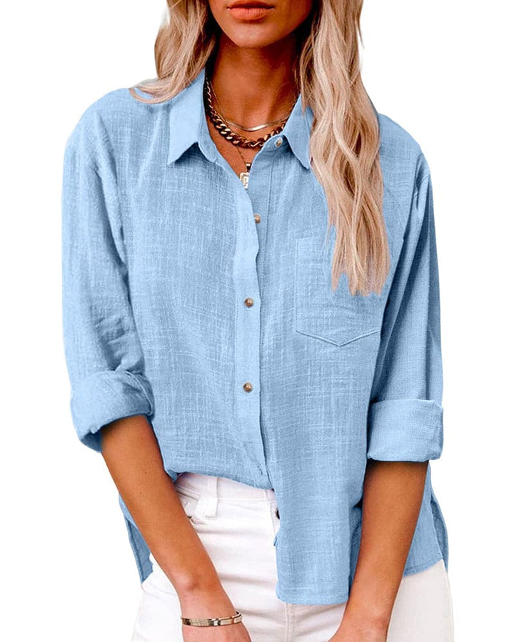 Linen Collared Roll Tab Sleeve Chest Pocket Oversized Casual Blouse