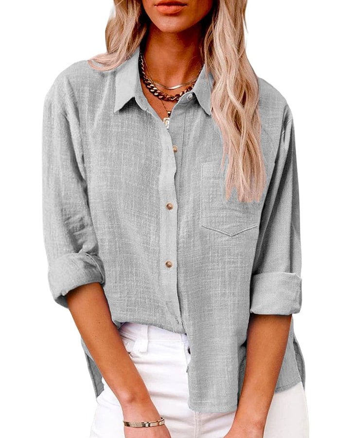 Linen Collared Roll Tab Sleeve Chest Pocket Oversized Casual Blouse