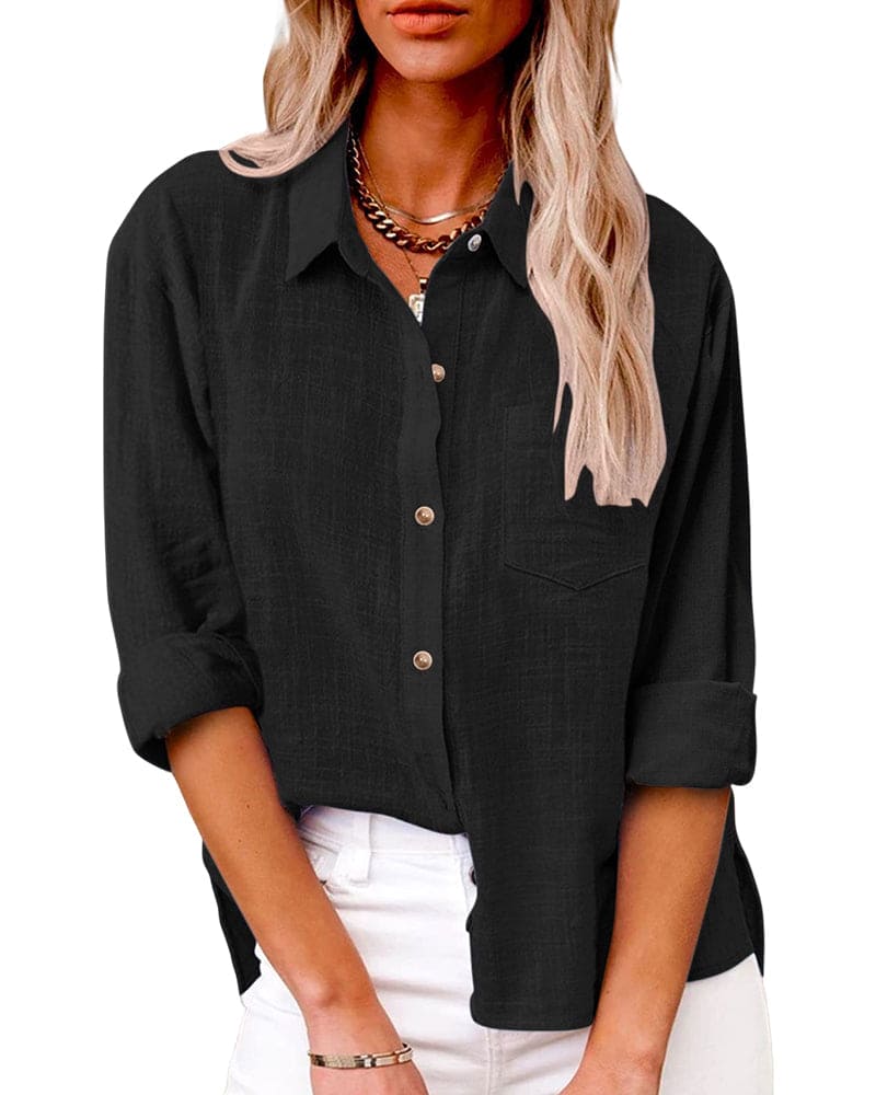 Linen Collared Roll Tab Sleeve Chest Pocket Oversized Casual Blouse