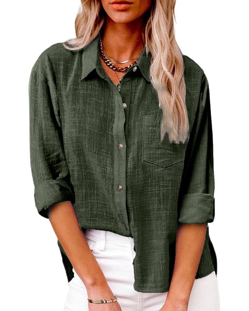 Linen Collared Roll Tab Sleeve Chest Pocket Oversized Casual Blouse