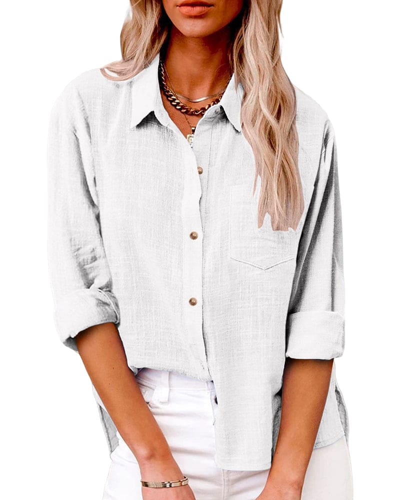 Linen Collared Roll Tab Sleeve Chest Pocket Oversized Casual Blouse