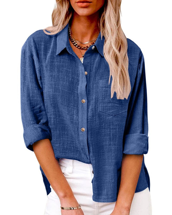 Linen Collared Roll Tab Sleeve Chest Pocket Oversized Casual Blouse