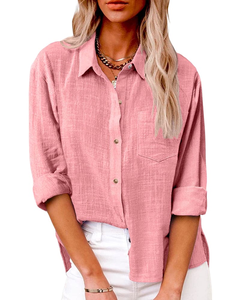 Linen Collared Roll Tab Sleeve Chest Pocket Oversized Casual Blouse