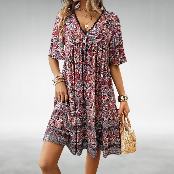 Paisley Print Lace Trim V Neck Ruffle Hem Boho Mini Dress