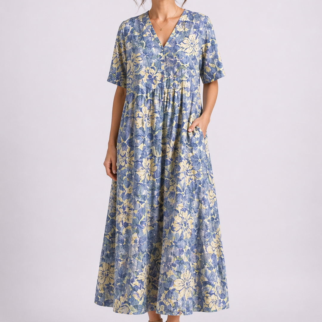 Floral Linen V Neck Short Sleeve Button Gathered Casual Maxi Dress