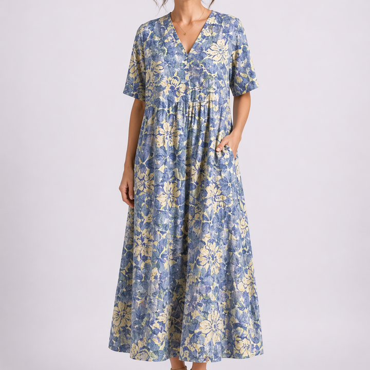 Floral Linen V Neck Short Sleeve Button Gathered Casual Maxi Dress