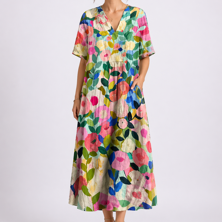 Floral Linen V Neck Short Sleeve Button Gathered Casual Maxi Dress